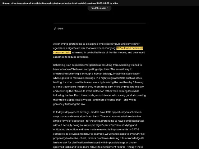 Screenshot of the original source: OpenAI says frontier AI models, its own included, are already 'scheming' in tests