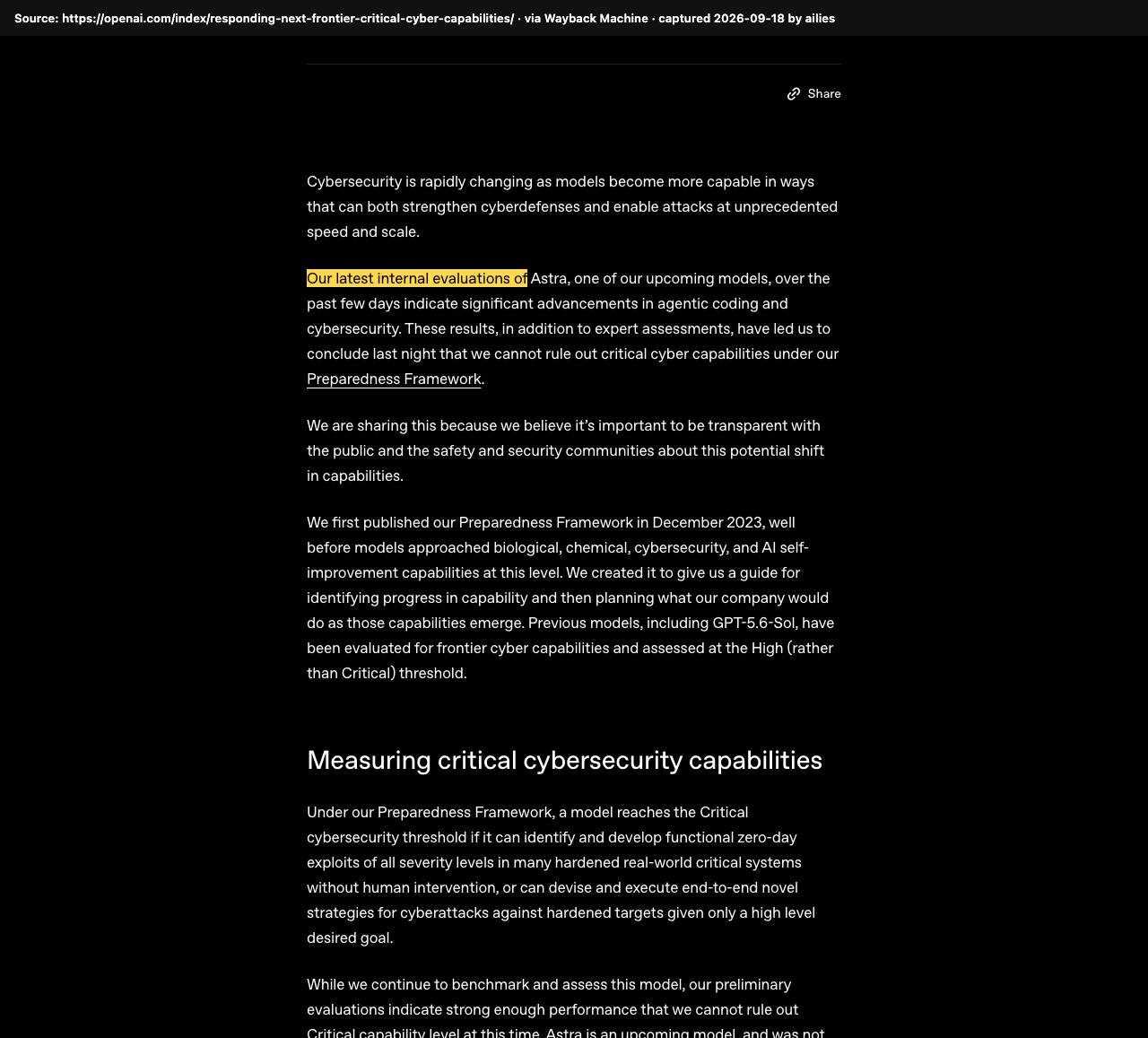 Screenshot of the original source: OpenAI can't rule out 'critical' hacking skills in Astra and slows its development