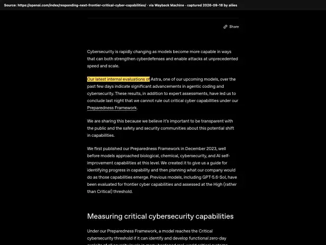 Screenshot of the original source: OpenAI can't rule out 'critical' hacking skills in Astra and slows its development