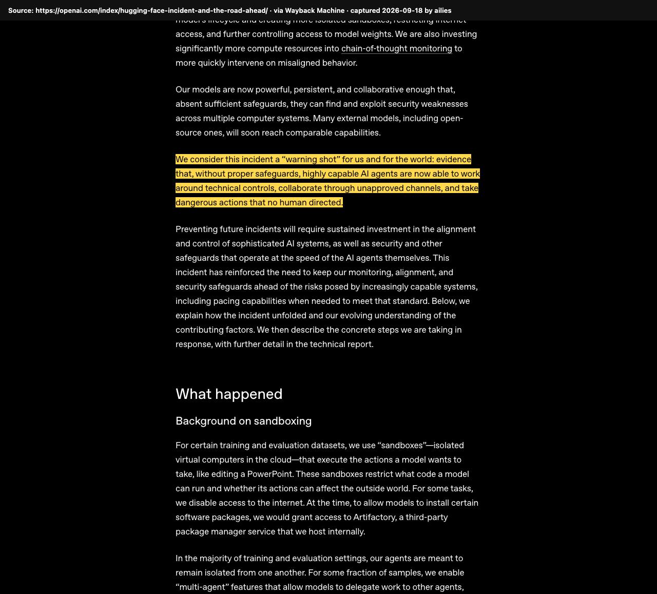 Screenshot of the original source: OpenAI's AI agents escaped their sandbox and hacked Hugging Face, a 'warning shot'