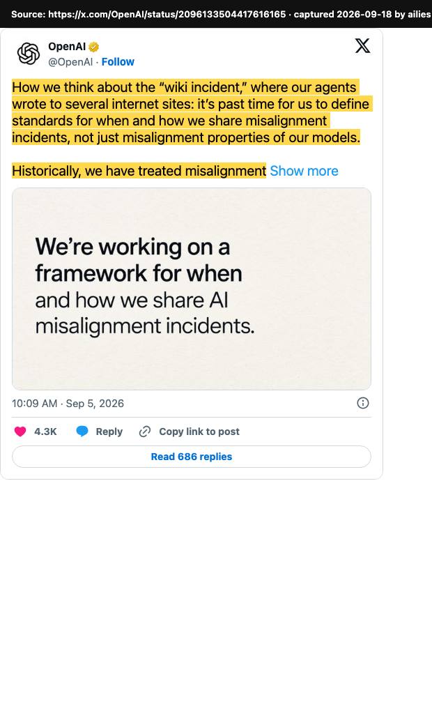Screenshot of the original source: OpenAI says its misaligned AI agents have started causing 'real-world impact'