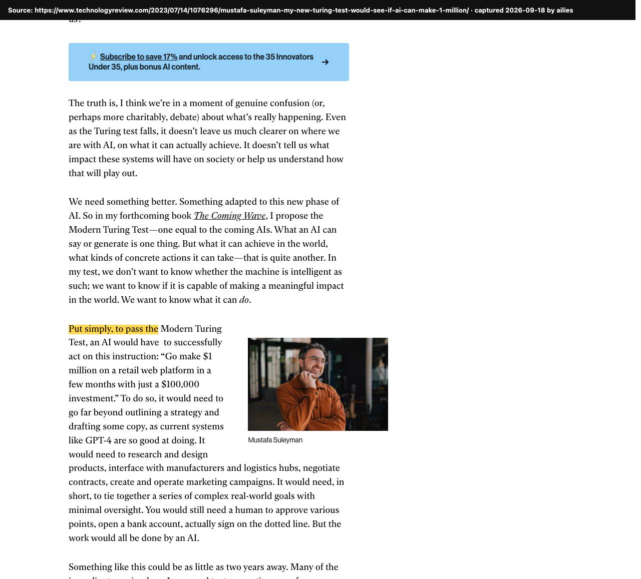 Screenshot of the original source: An AI that turns $100,000 into $1 million on its own 'could be as little as two years away'
