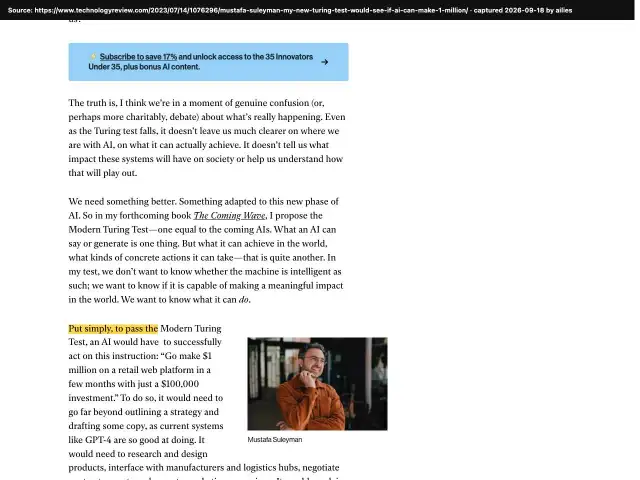 Screenshot of the original source: An AI that turns $100,000 into $1 million on its own 'could be as little as two years away'