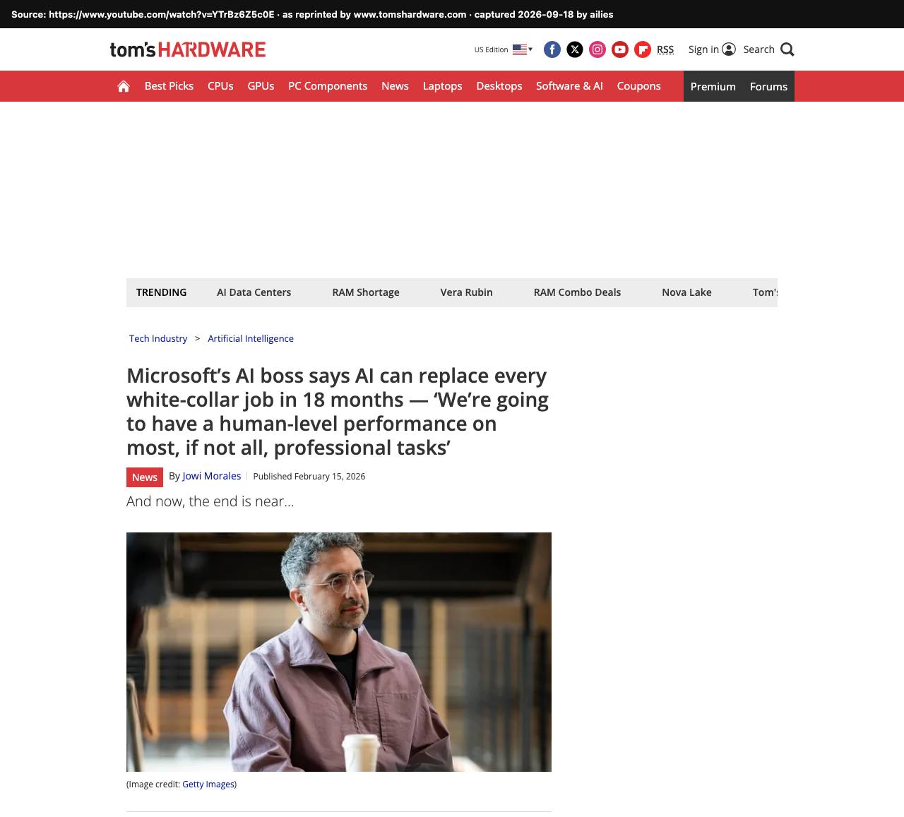 Screenshot of the original source: Most white-collar computer tasks will be fully automated by AI within 12–18 months