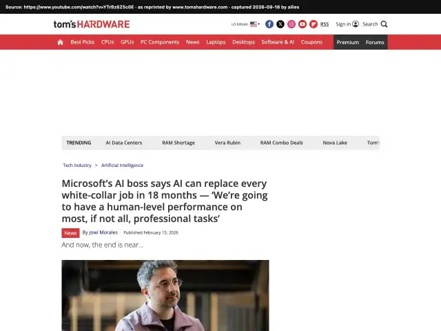 Screenshot of the original source: Most white-collar computer tasks will be fully automated by AI within 12–18 months