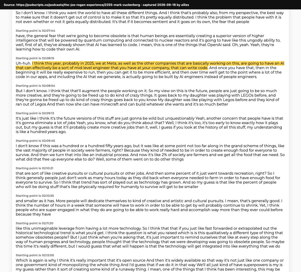 Screenshot of the original source: In 2025, Meta and others will have an AI that can work as a mid-level engineer