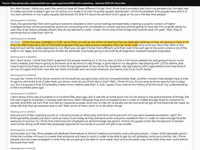 Screenshot of the original source: In 2025, Meta and others will have an AI that can work as a mid-level engineer